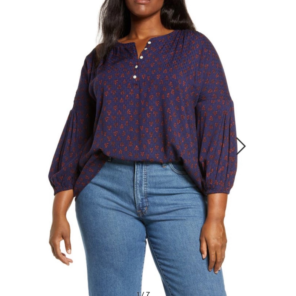 Caslon Shirred Popover Top in Navy Peacoat Block Print